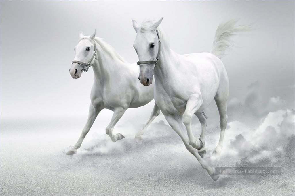 chevaux blanche neige fonctionnant noir et blanc Peintures à l'huile